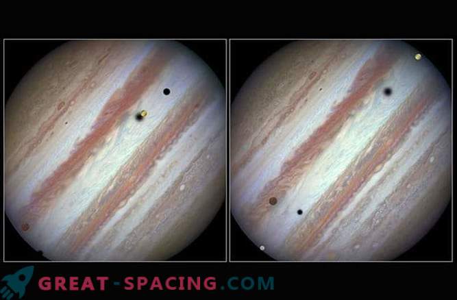 Hubble ha fatto una straordinaria immagine del transito di tre satelliti di Giove